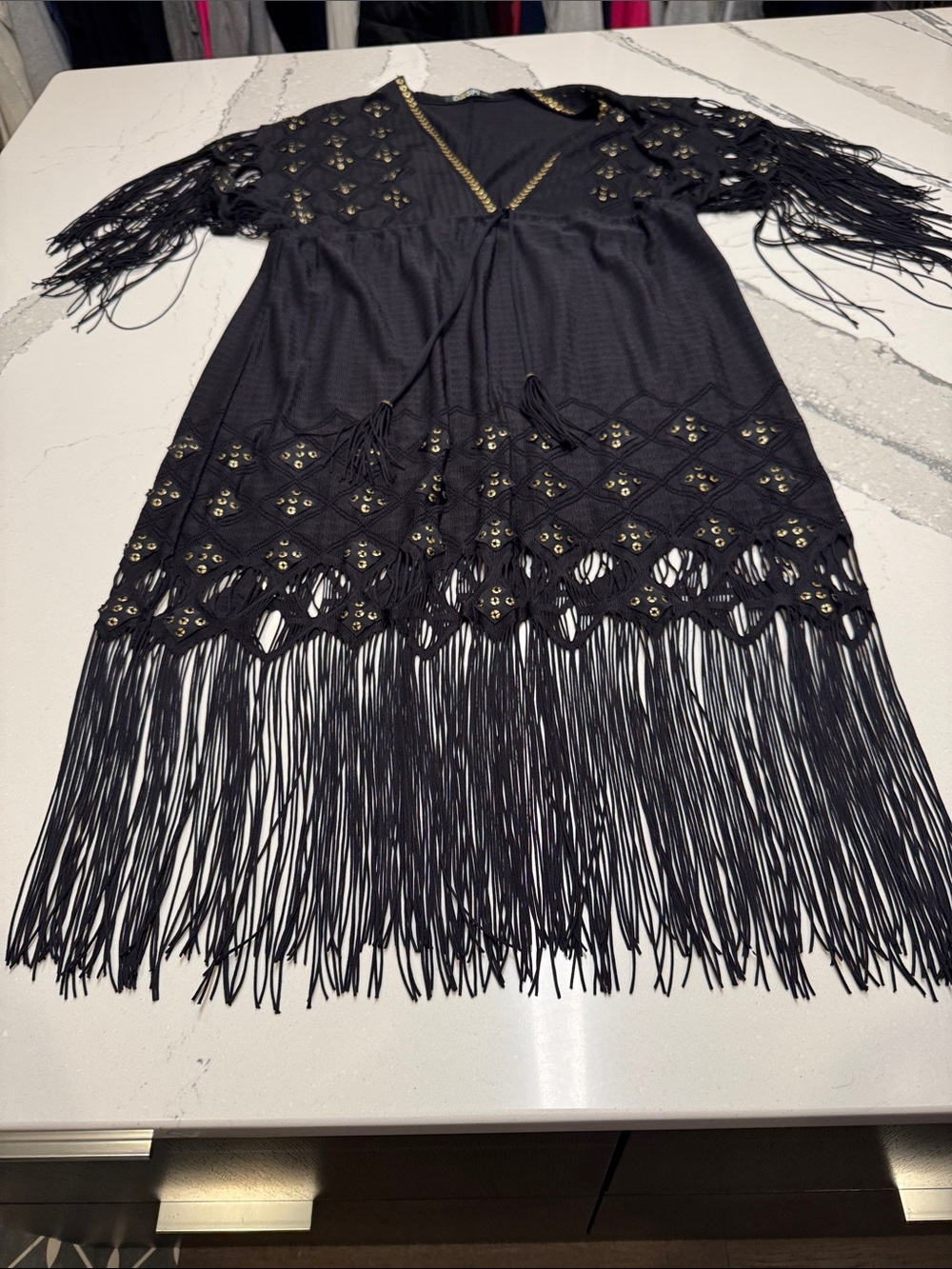 Despi Black Fringe Cover-Up with Gold Sequin Details Never Worn Sz L